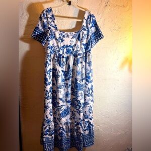 SHEIN Blue and White Puff Sleeve Maxi Sundress